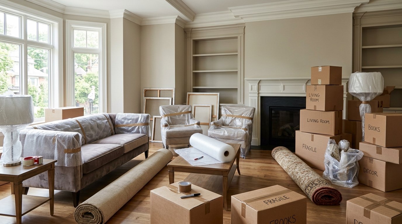 Messy room prepared for moving before relocation by AVA Packers