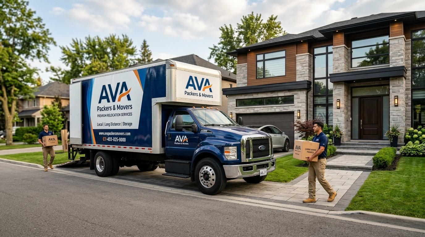 Premium Moving Truck of AVA Packers and Movers in front of a modern villa