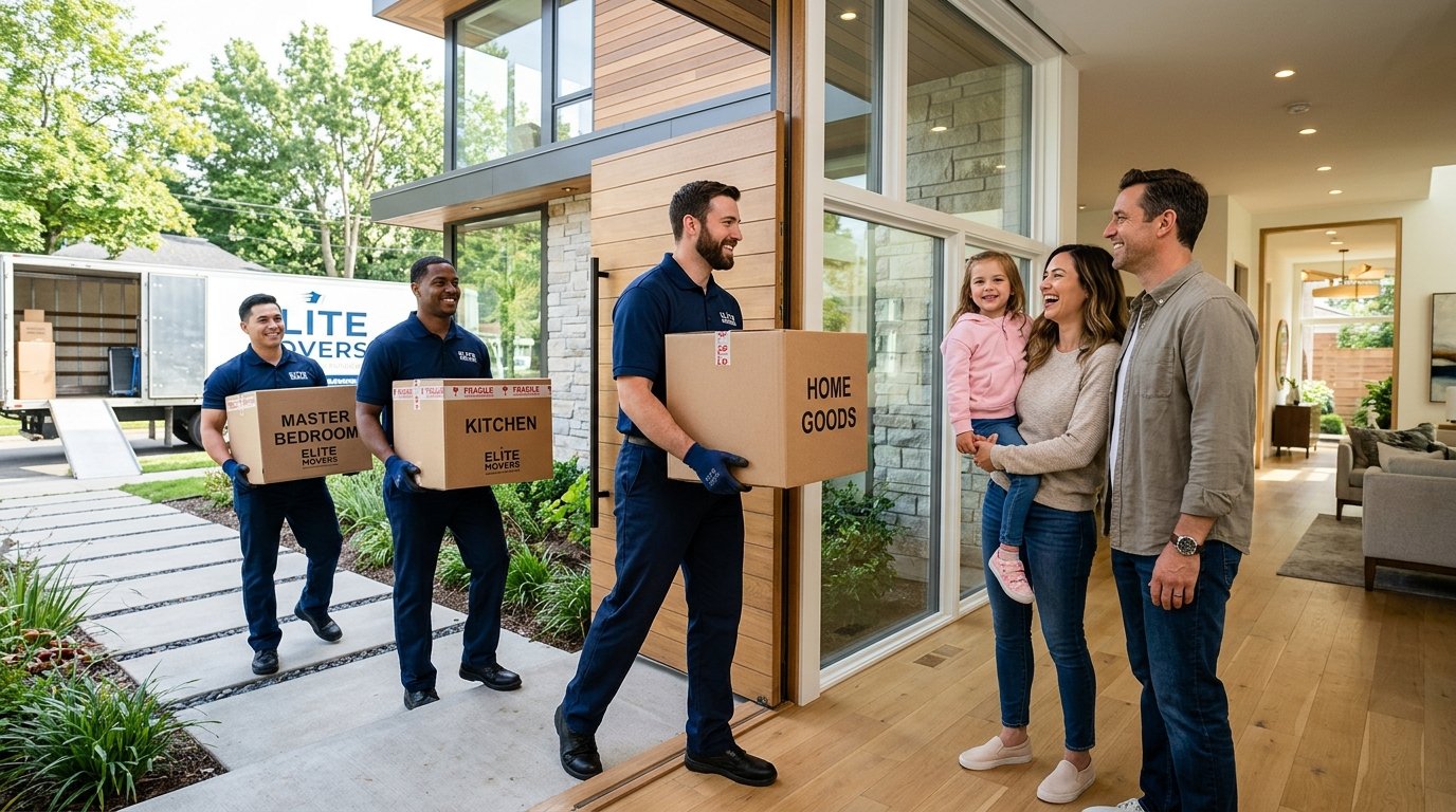 Happy family moving into their new home with AVA Packers and Movers